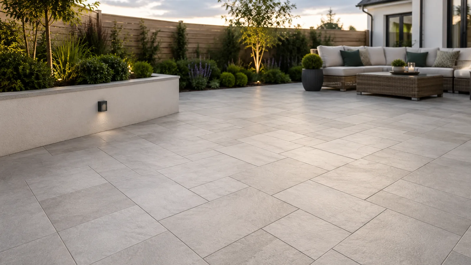 Porcelain patio with wall lighting and wicker seating at dusk in a landscaped Irish garden