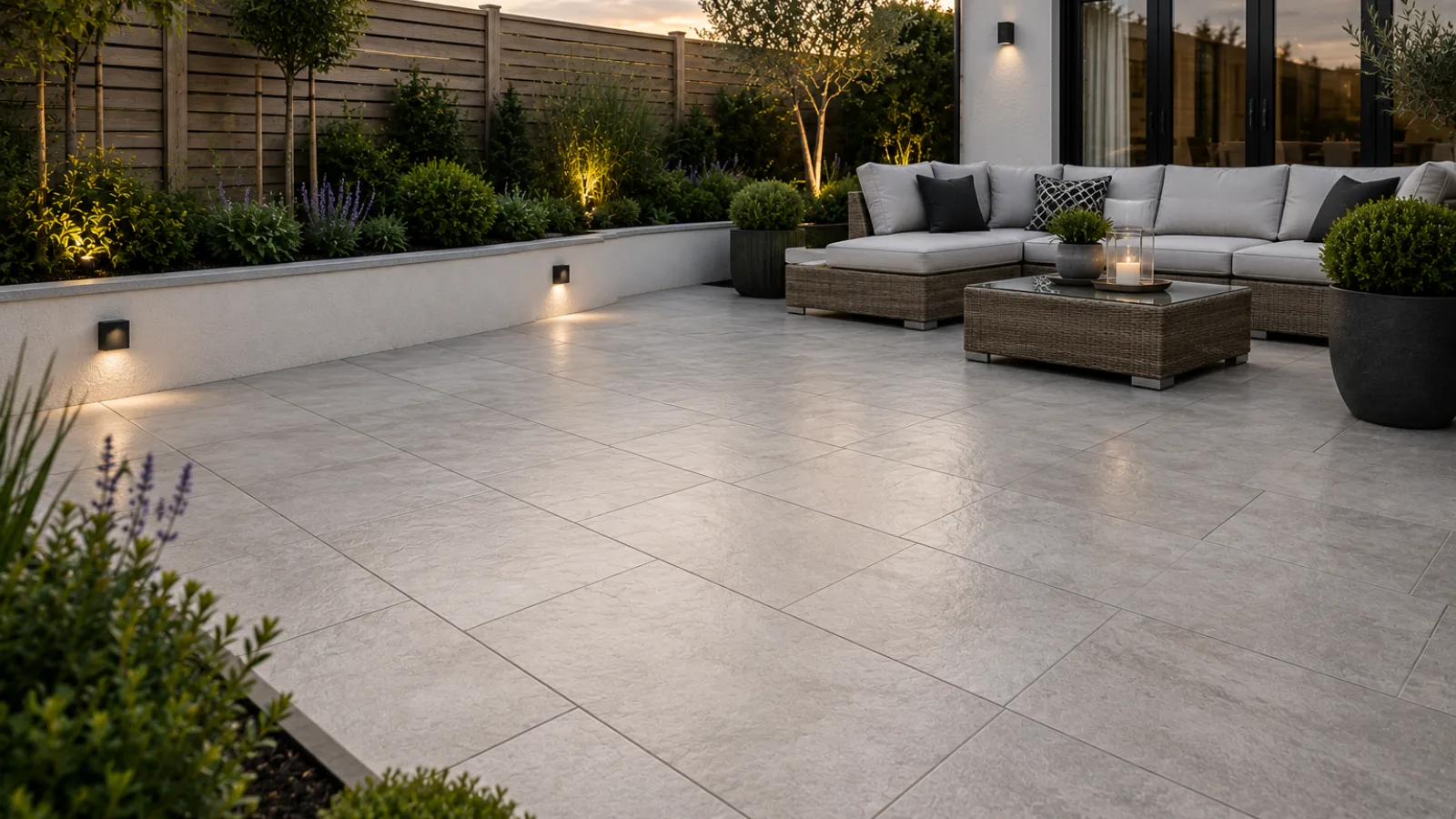 Grey porcelain patio with wall lights, wicker furniture and planted borders at evening