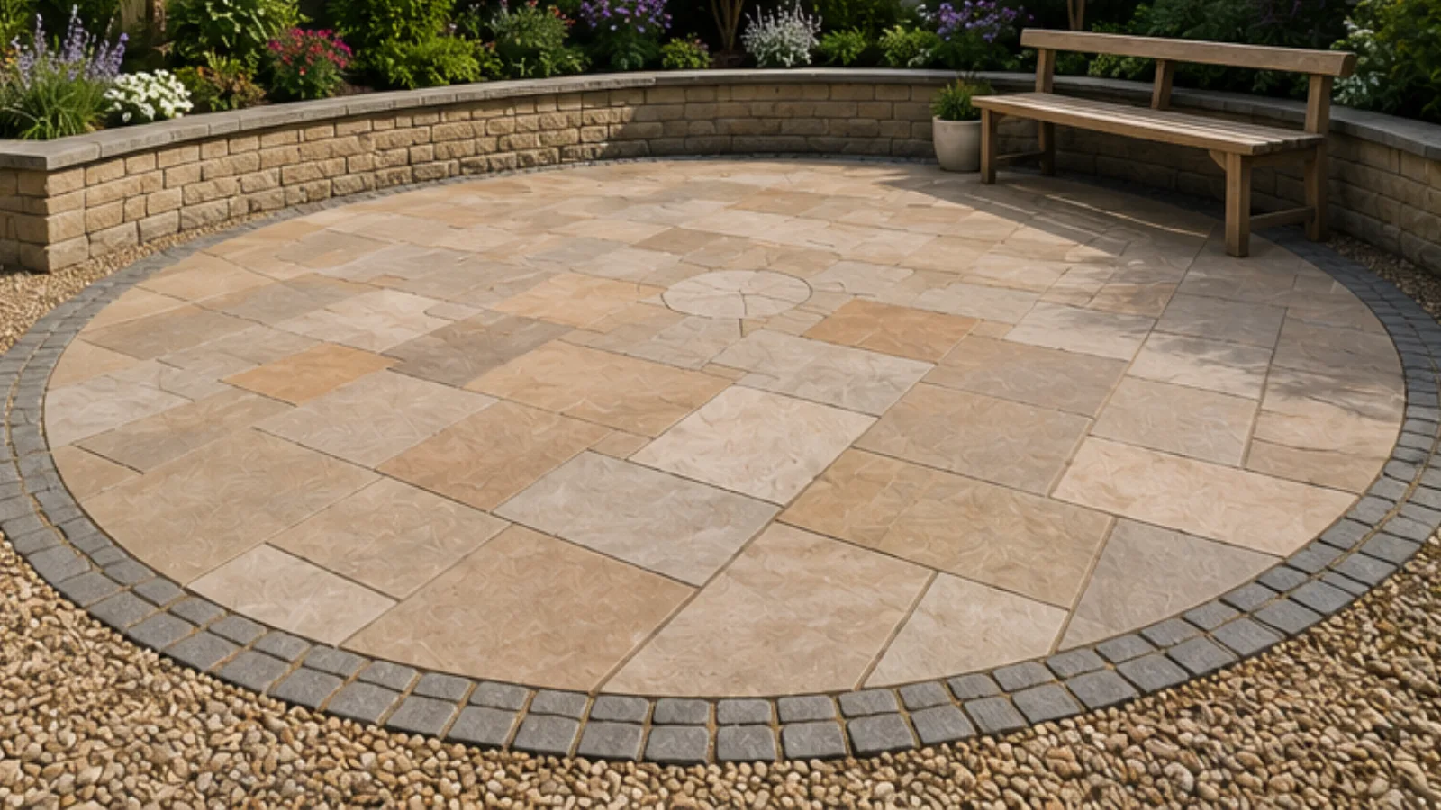 Circular Indian sandstone patio with cobble edging, stone wall and timber bench