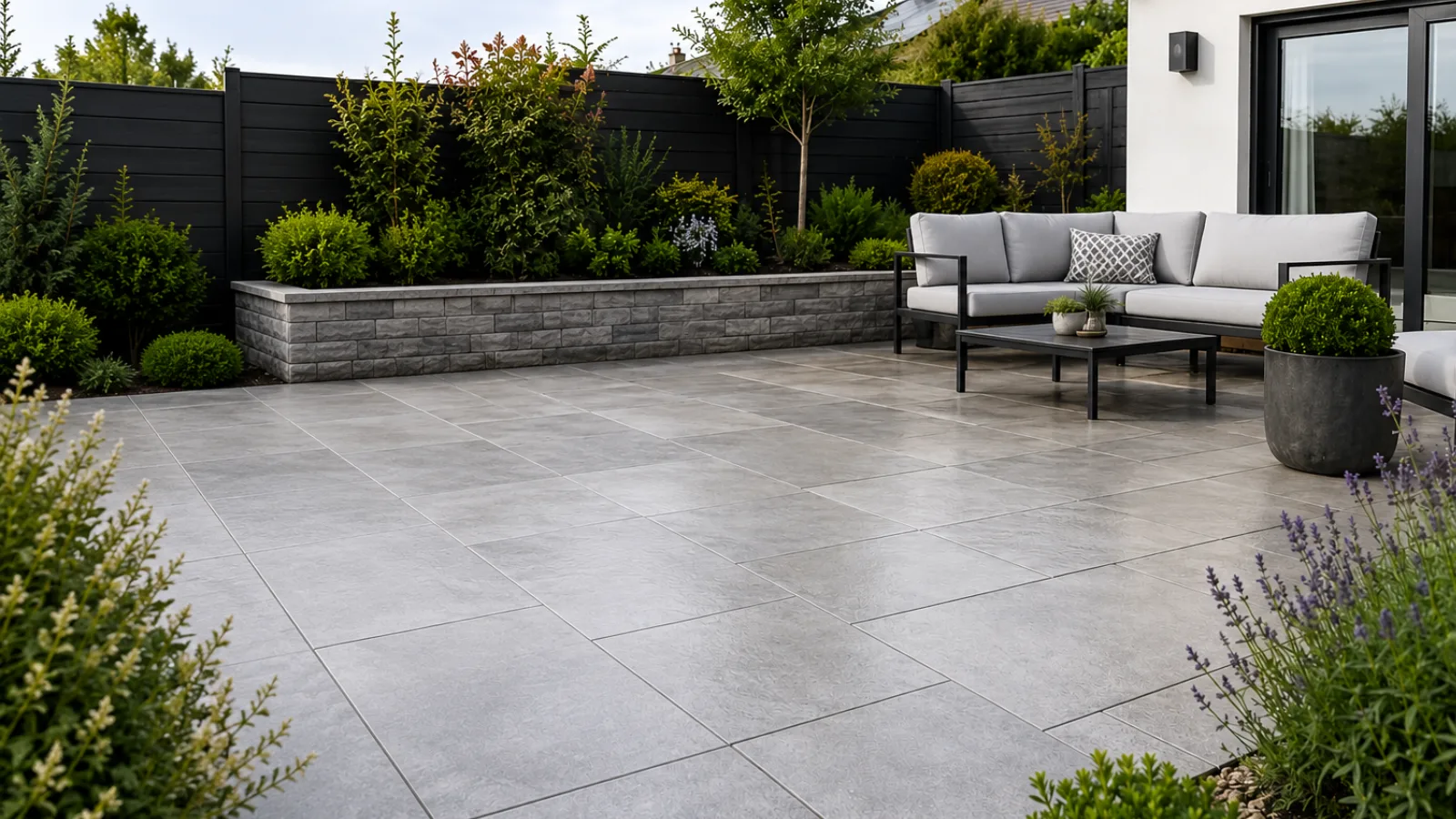 Grey porcelain patio with raised stone planter and outdoor seating in an Irish garden
